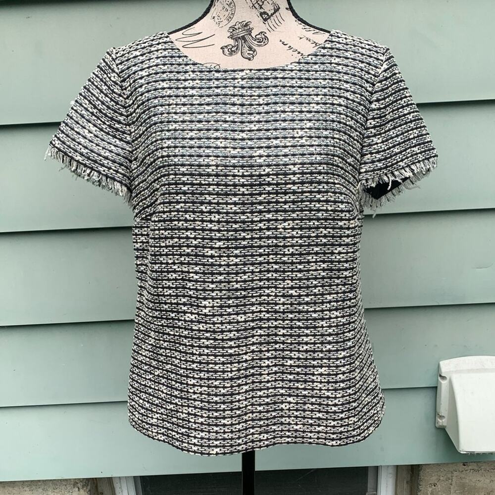 Talbots Tweed short sleeve blouse with fringe sleeves and a zipper in the back